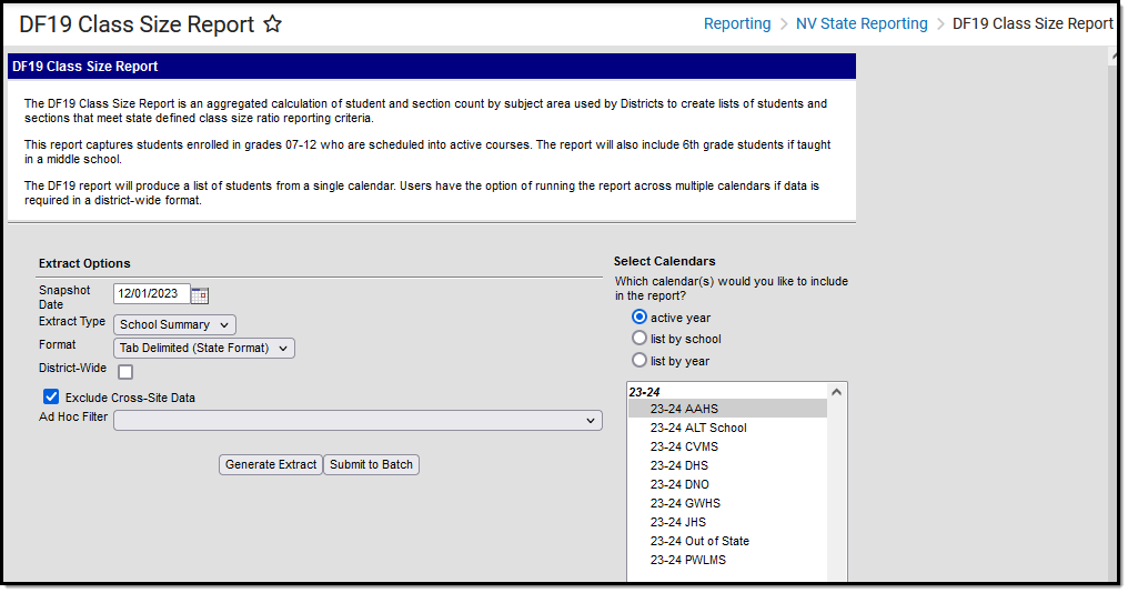 Screenshot of the DF19 Class Size Report Editor.