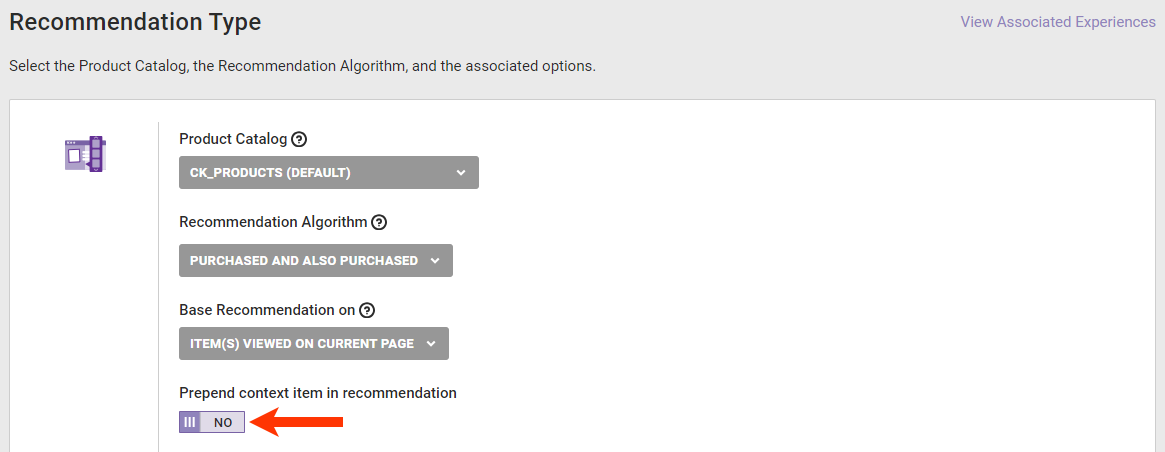 Callout of the 'Prepend context item in recommendation' setting on the recommendation strategy configuration page