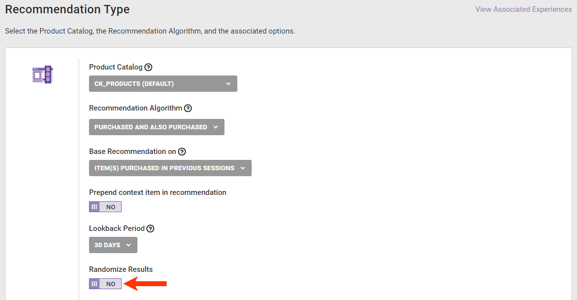 Callout of the Randomize Results toggle on the recommendation strategy configuration page