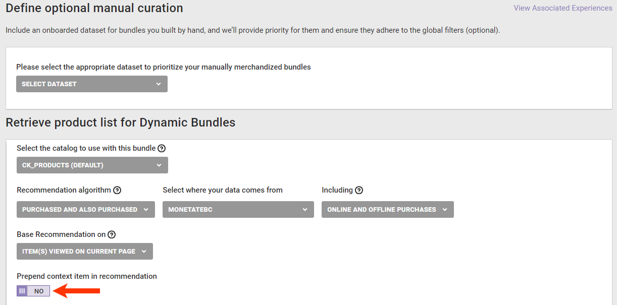 Callout of the 'Prepend context item in recommendation' setting on the Dynamic Bundle configuration page