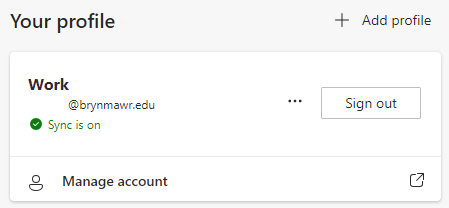 screenshot of the profile section within microsoft edge settings showing that a bryn mawr email is signed in