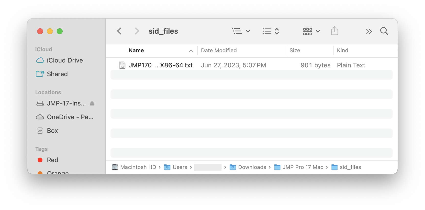Screenshot of Mac finder window showing JMP .txt file location.