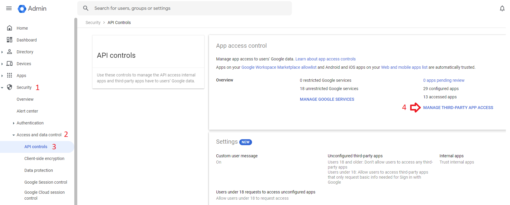 Screenshot of the Google Admin Console API controls menu