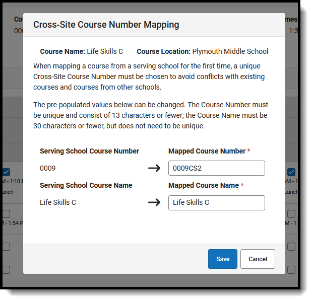 Screenshot of the Cross-Site Course Number Mapping Modal