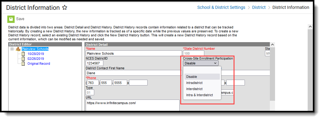 Screenshot of the District Information editor with the Cross-Site Enrollment Participation options highlighted, located at School and District Settings, District. 