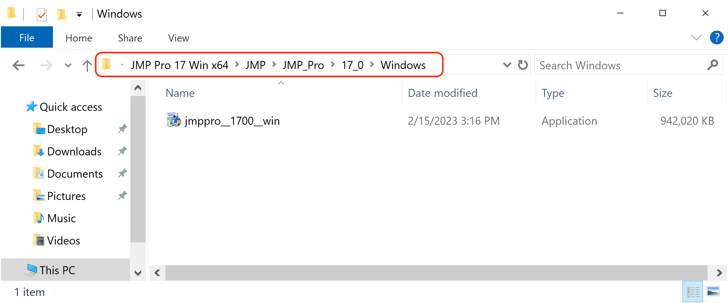 Screenshot of Windows File Explorer showing JMP installer file and the file path on top, circled in red.