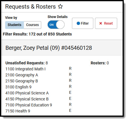 Screenshot of a student's Request Details.