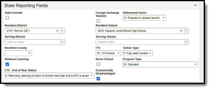 Screenshot of the State Reporting Fields Enrollment editor