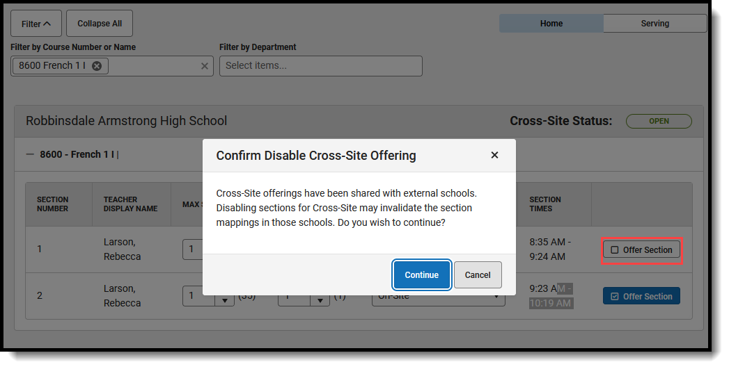 Screenshot of the Confirm Disable Cross-Site Offering message. 