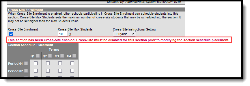 Screenshot of the message indicaitng the section is Cross-site enabled and changes to placement require cross-site to be disabled first. 