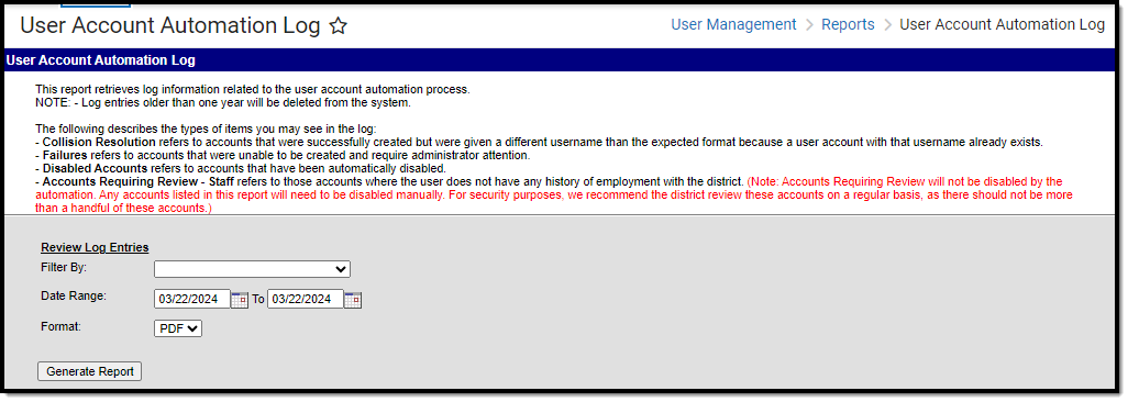 screenshot of the user account automation log tool
