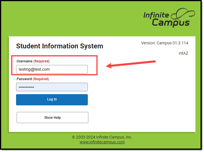 screenshot of the username field on the Campus login page populated with their email address
