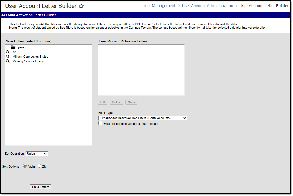 screenshot of the user account letter builder tool
