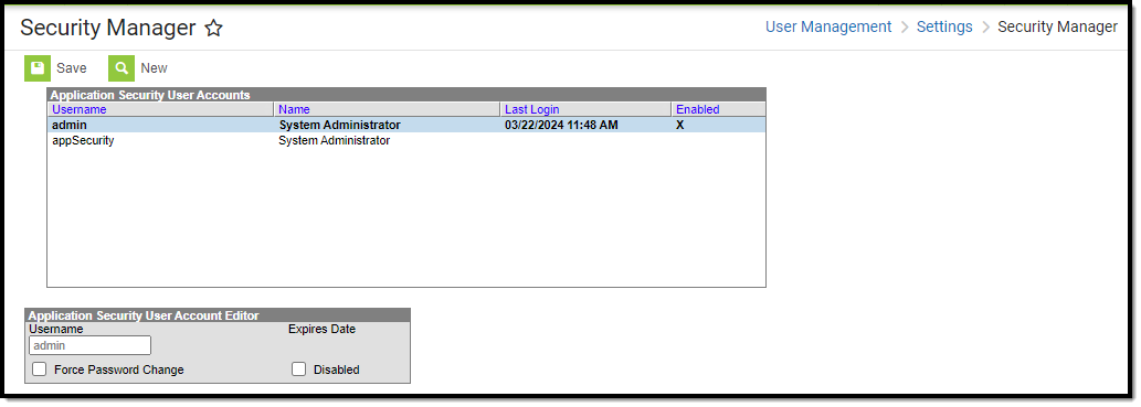 screenshot of the security manager tool