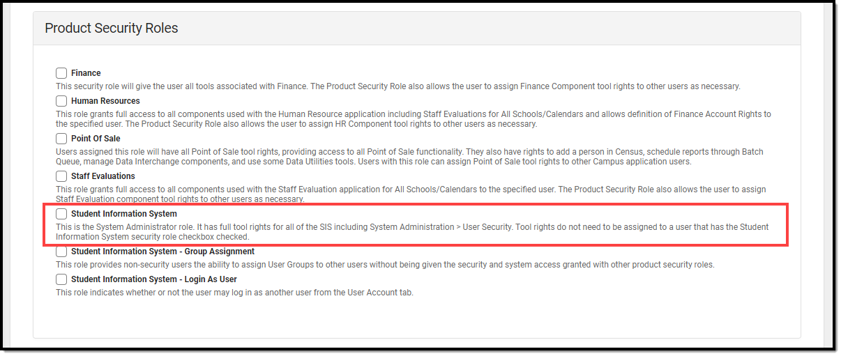 student information system product security role option highlighted