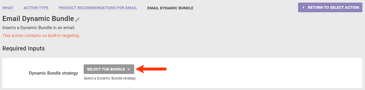 Callout of the Dynamic Bundle strategy selector on the Email Dynamic Bundle action template