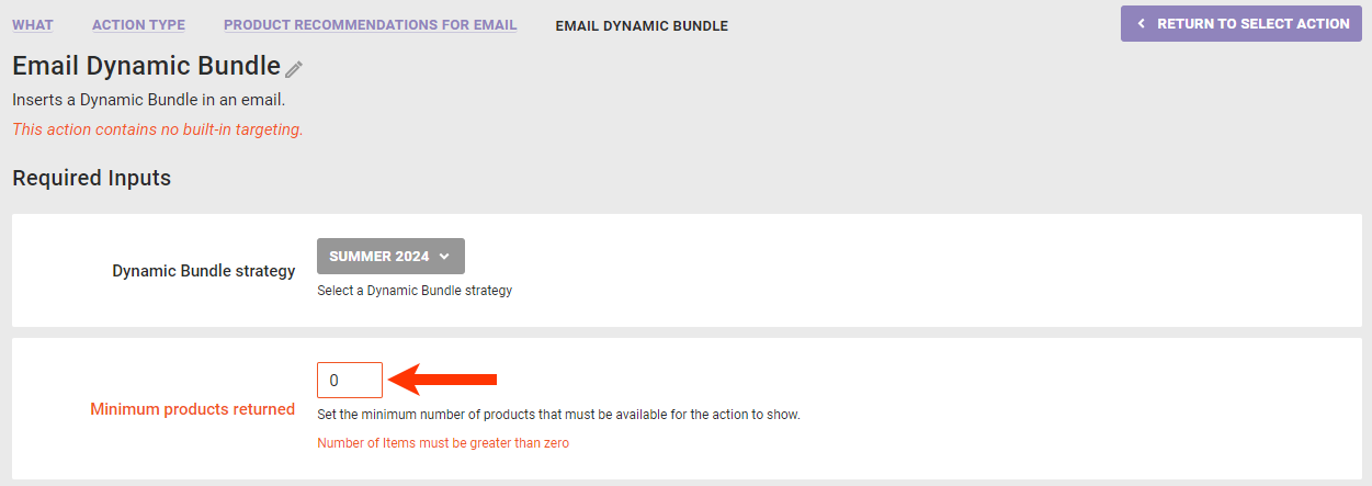 Callout of the 'Minimum products returned' field on the Email Dynamic Bundle action template