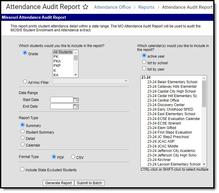 Screenshot of the Missouri Attendance Audit Report editor.