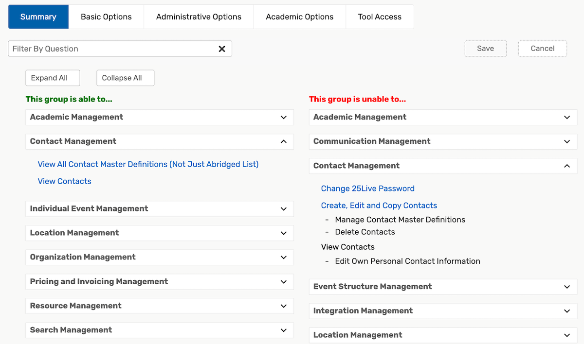 Security configuration page of group administration