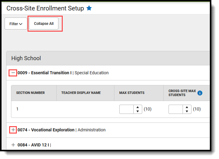 Screenshot of Collaps All and plus and minus signs for moving through courses