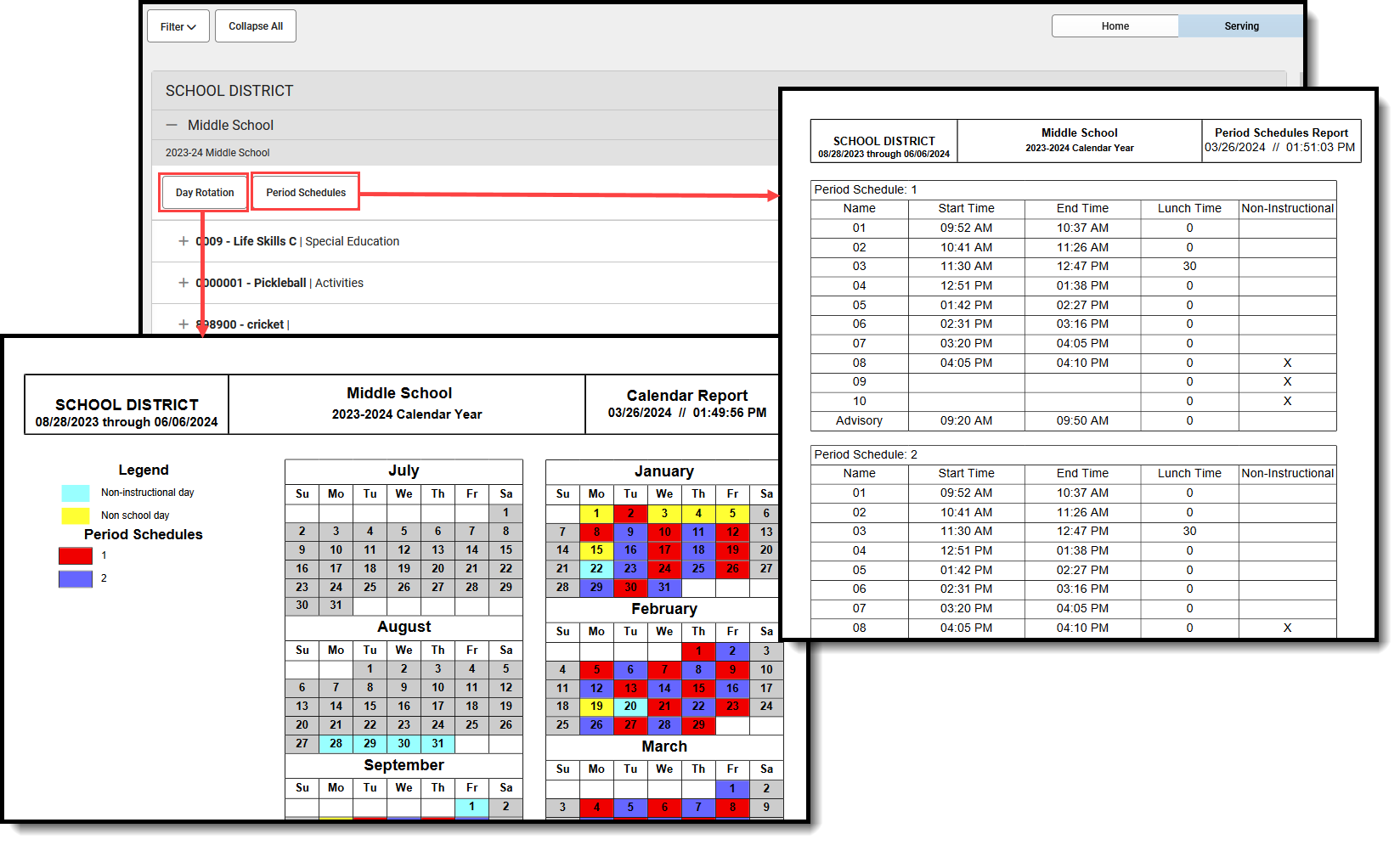 Screenshot of the print buttons to generate the calendar and period schedules report. 
