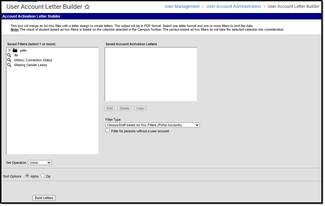 screenshot of the account letter builder