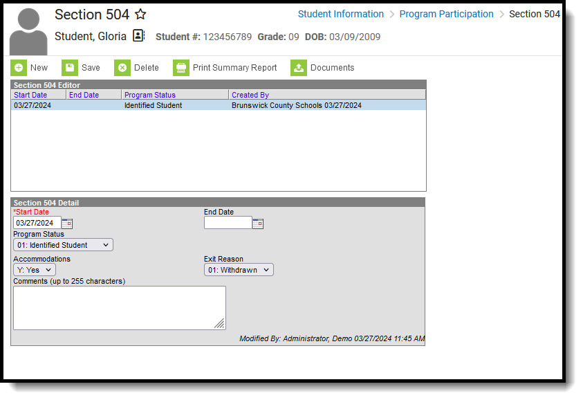 Screenshot of the Section 504 Editor, located at Student Information, Program Participation