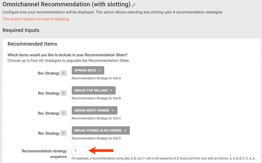 Callout of the 'Recommendation strategy sequence' field on an Omnichannel Recommendations with Slotting action template