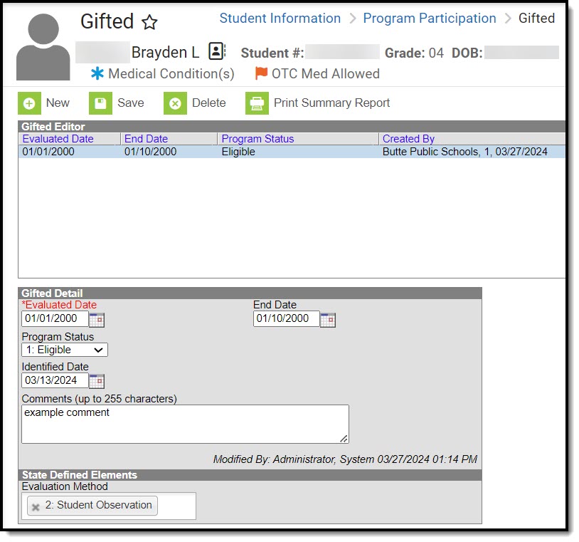 Screenshot of the Montana Gifted tool with the detail fields displayed.