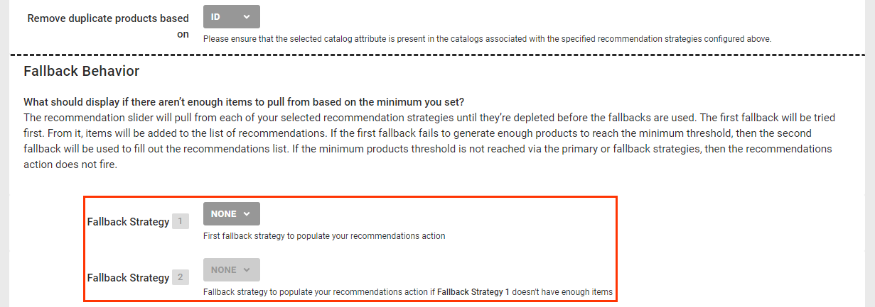 The Fallback Strategy 1 and Fallback Strategy 2 selectors on the 'Recommendation (with slotting)' action template