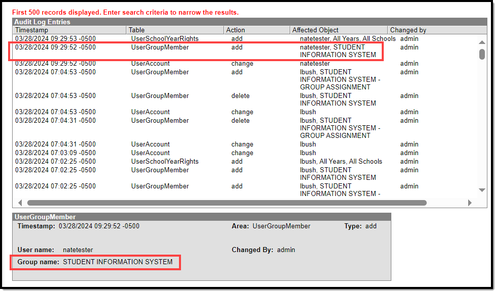 screenshot of the student information system product security role appearing in the audit log