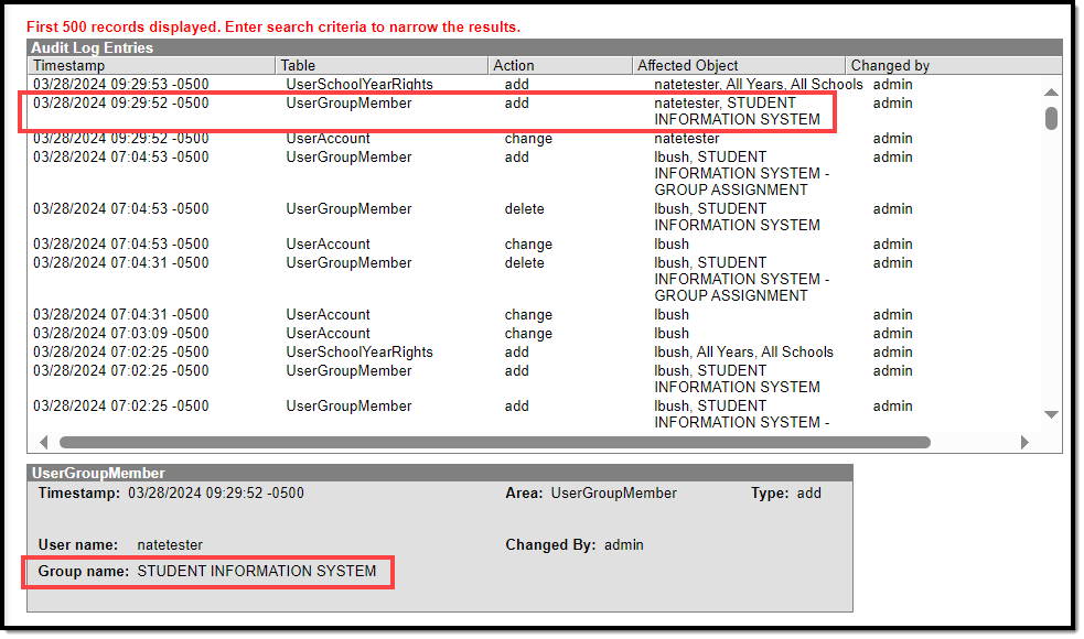 screenshot of the student information system product security role showing in the audit log