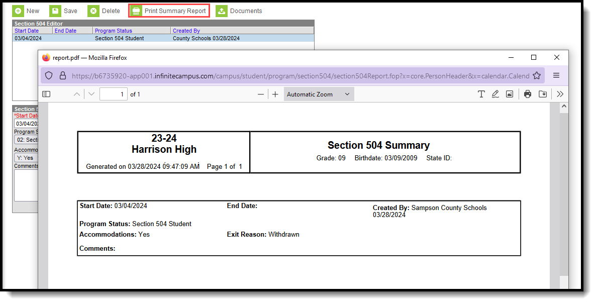 Screenshot of the PDF Summary Report for Section 504. 