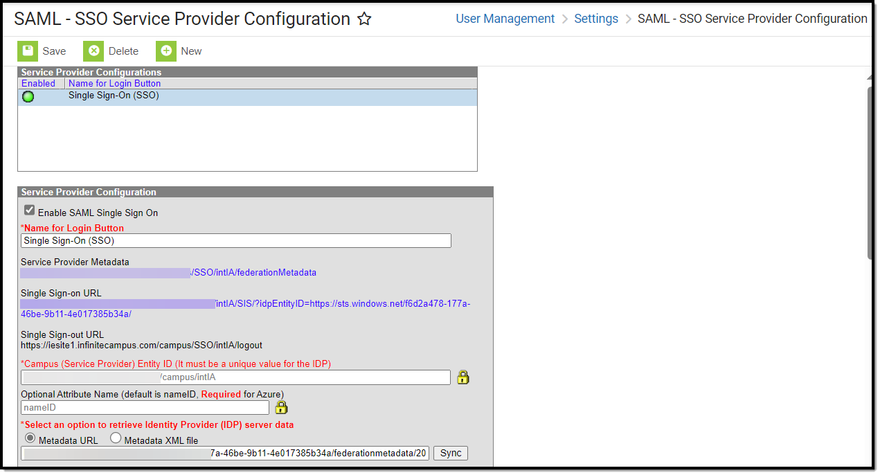 screenshot of the sso service provider configuration tool