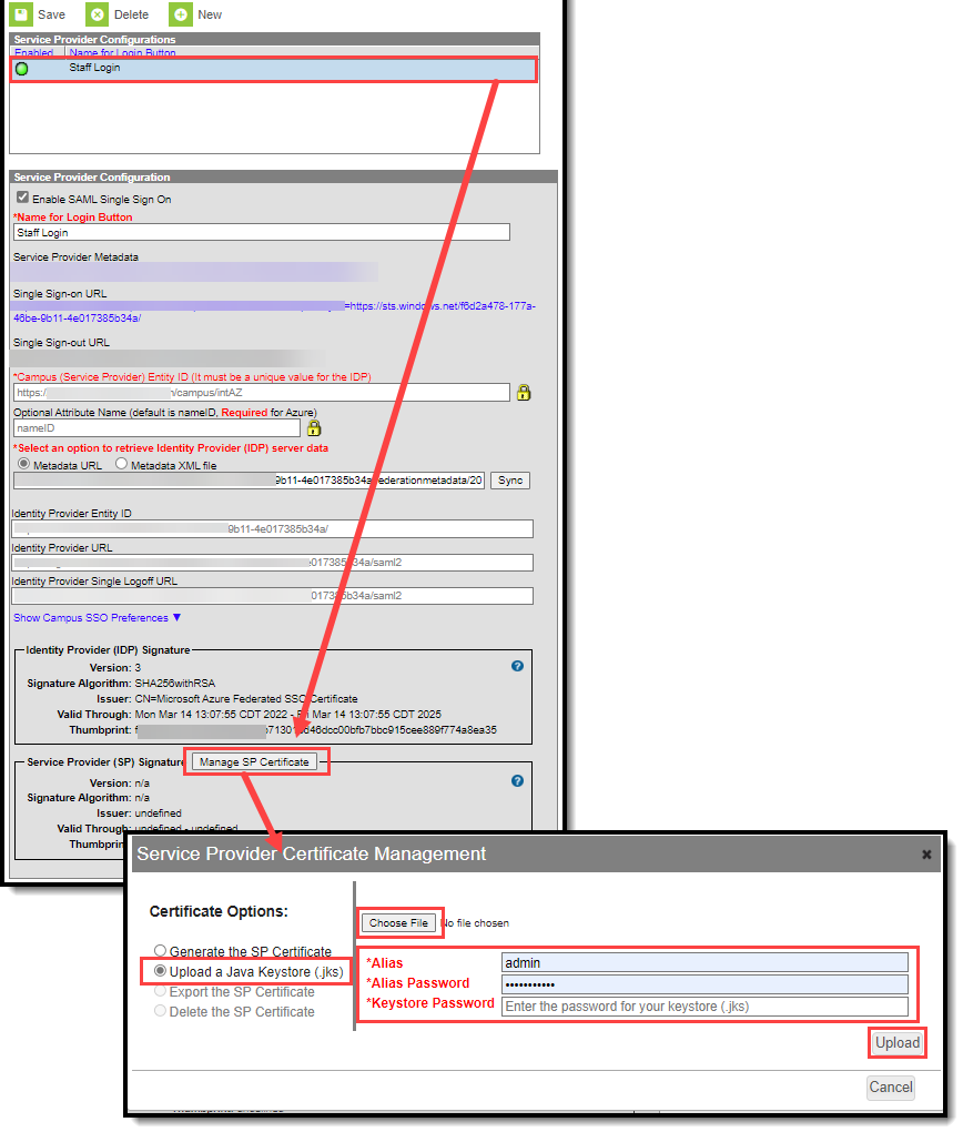 screenshot of uploading a java keystore file