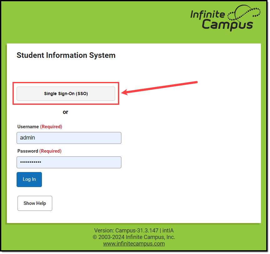 screenshot of the sso button showing on the Campus login screen