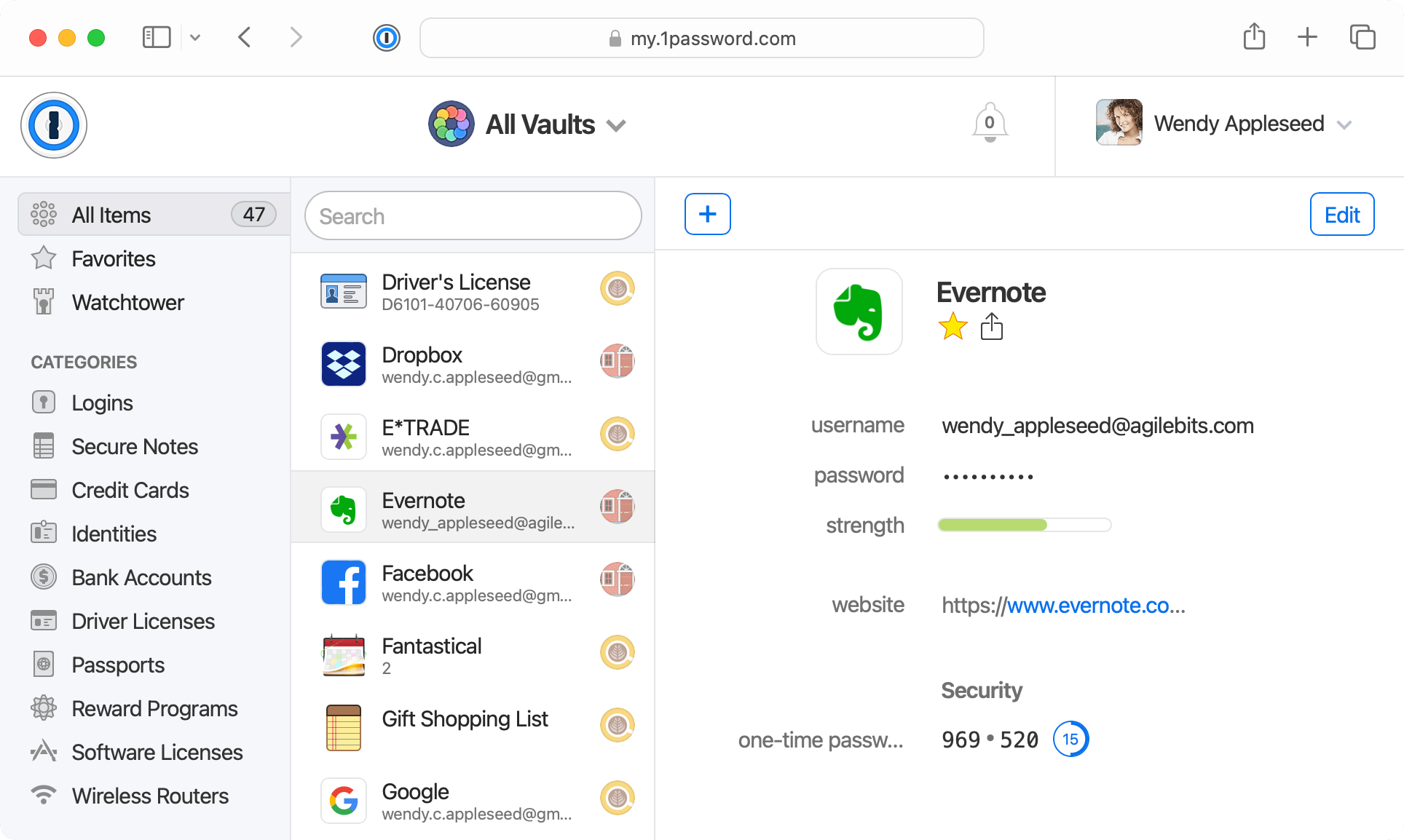 a screenshot of a 1Password vault showing accounts and their related credentials