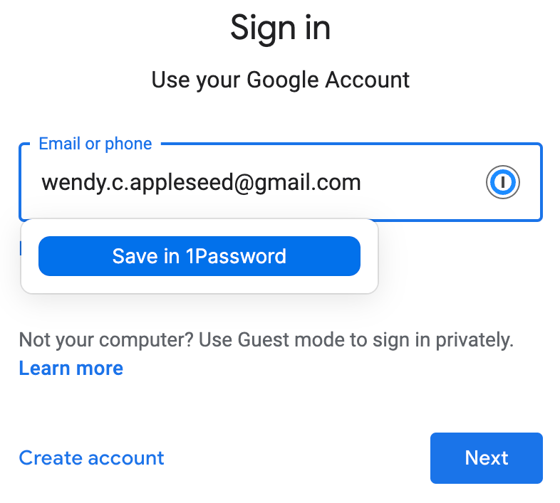 a screenshot of a text field with an email address, 1Password is prompted to save the account