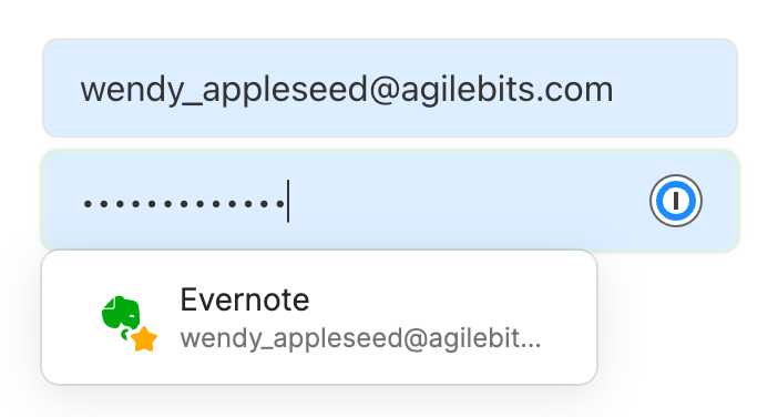 a screenshot of a text field where 1Password is prompting to autofill an account
