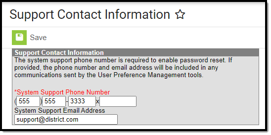 screenshot of the support contact information tool