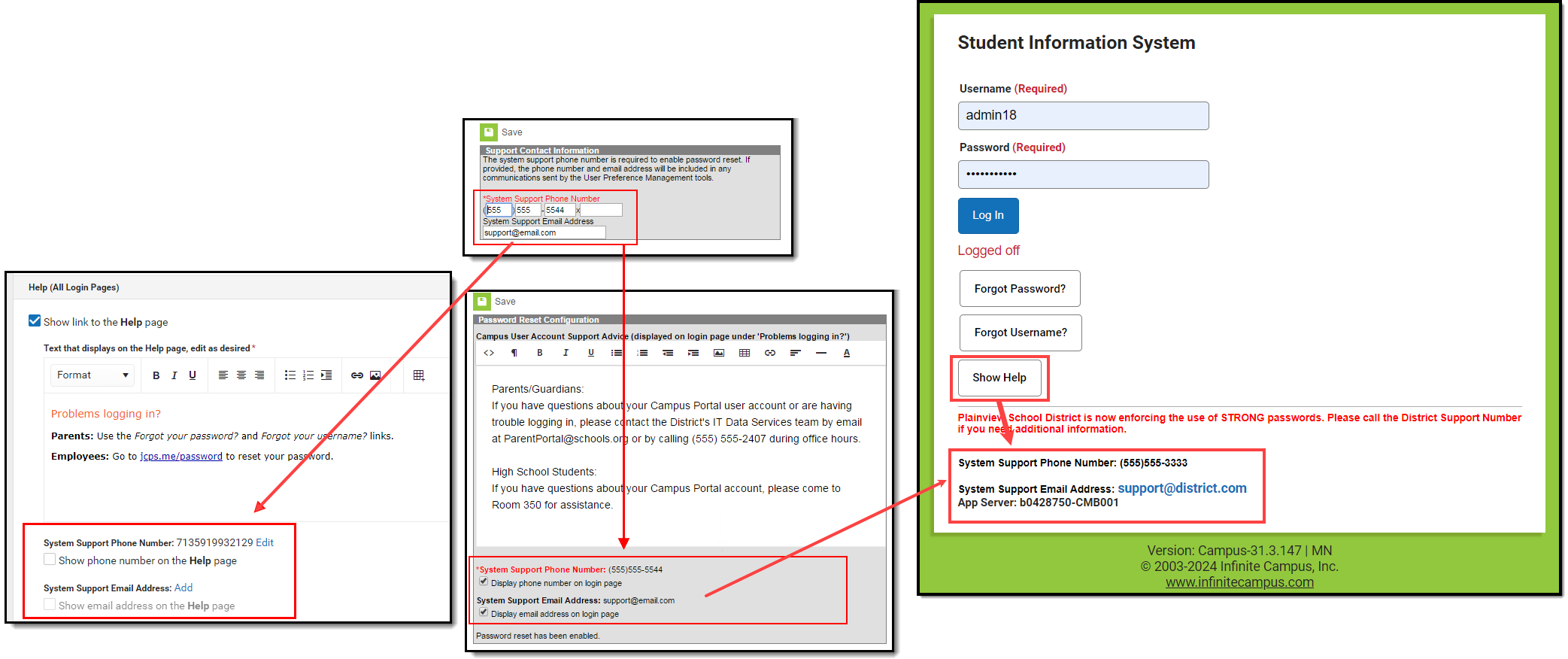 screenshot showing where support contact information appears throughout Infinite Campus