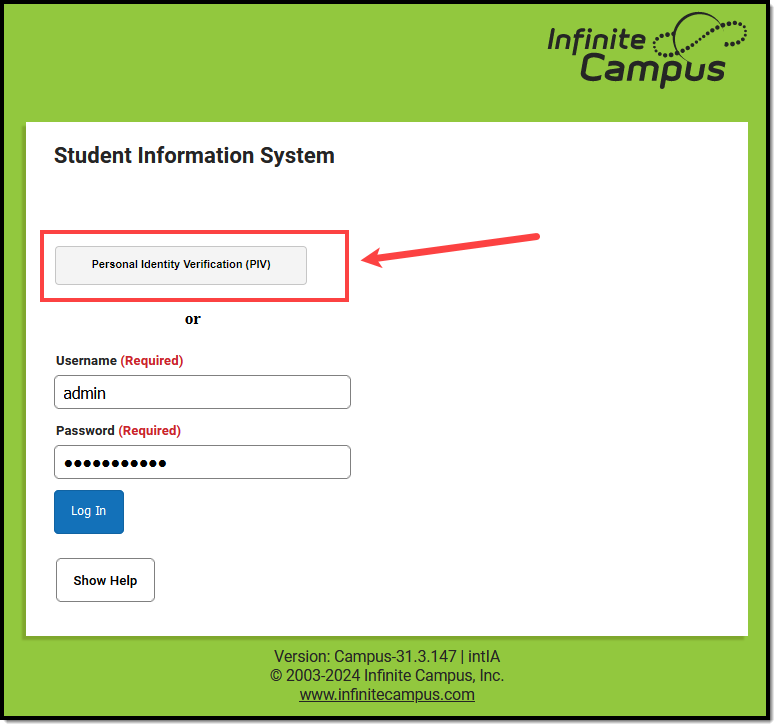 screenshot of the PIV login button available on the Campus login screen