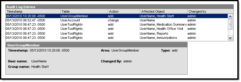 screenshot showing user group modifications appearing in the audit log