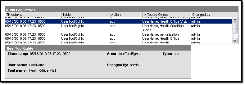 screenshot of tool rights appearing in the audit log