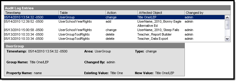 screenshot of user group modifications appearing in the audit log