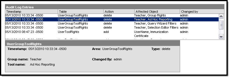 screenshot showing user group tool rights appearing in the audit log