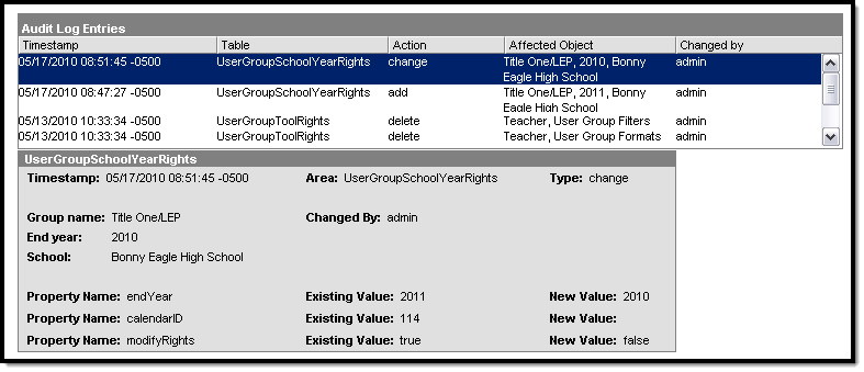 screenshot showing user group calendar rights in the audit log