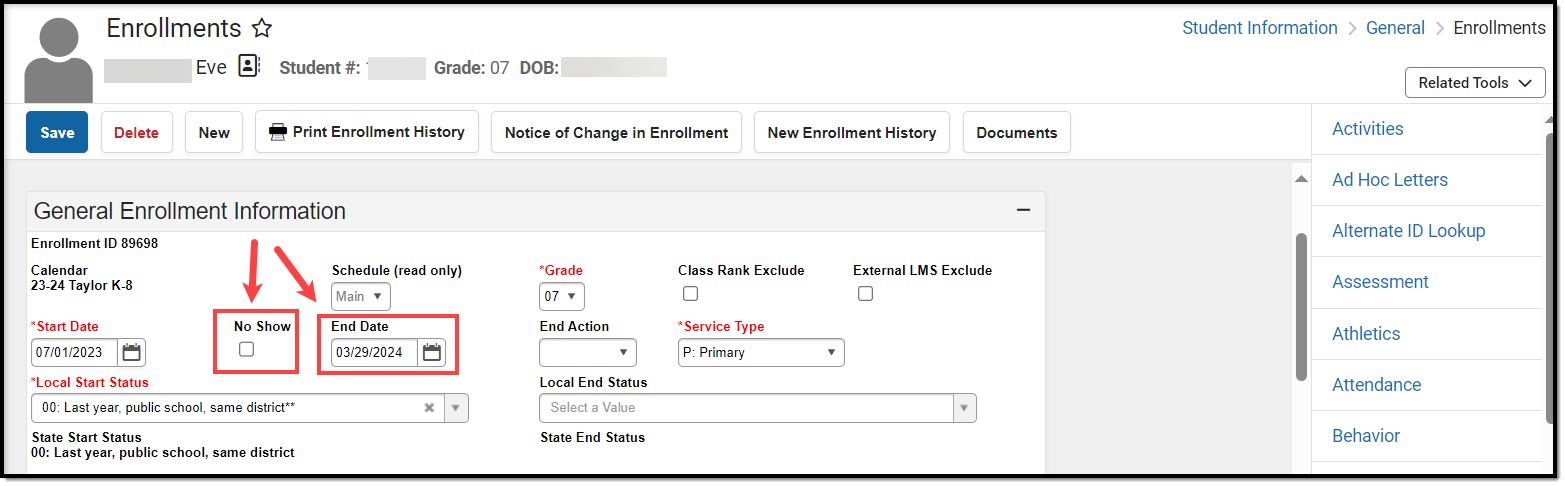 screenshot of the no show and end date fields highlighted on an enrollment record