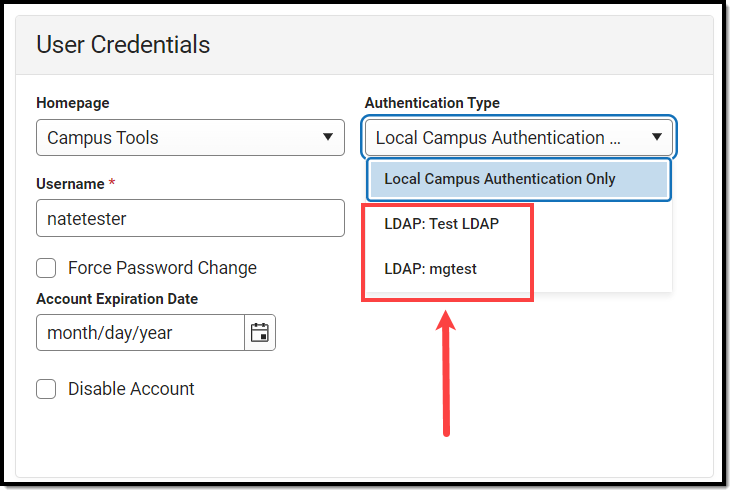 screenshot of the ldap name showing in the authentication type dropdown list