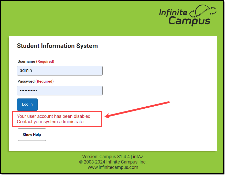 screenshot of the login page indicating the user account has been disabled